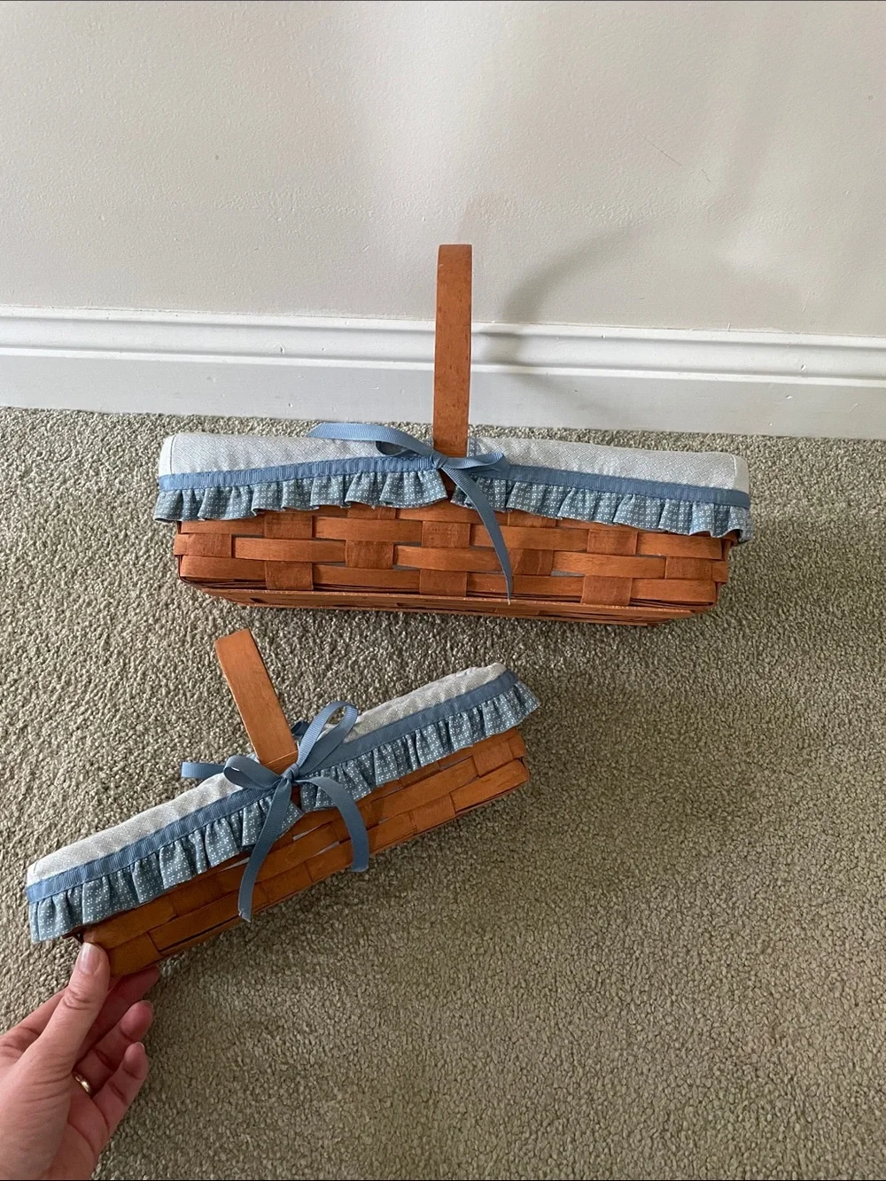 Longaberger Brown Basket Pair with Blue liner